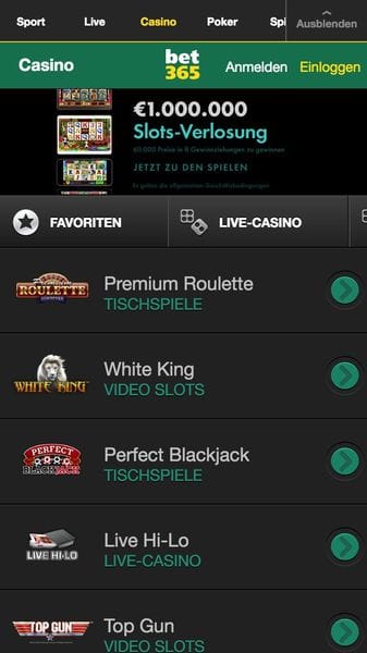 Mobile Casino Lobby von Bet365 Mobile Casino mit PayPal – Screenshot