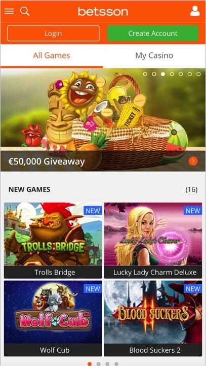 Mobile Casino Lobby von Betsson Mobile mit PayPal für Deutschland – Screenshot