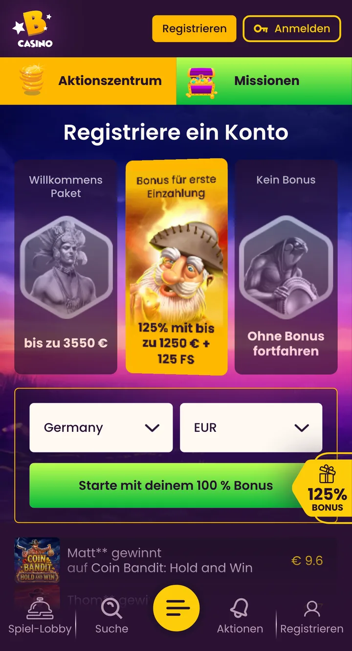 Mobile Casino Lobby von Bizzo Casino – Screenshot