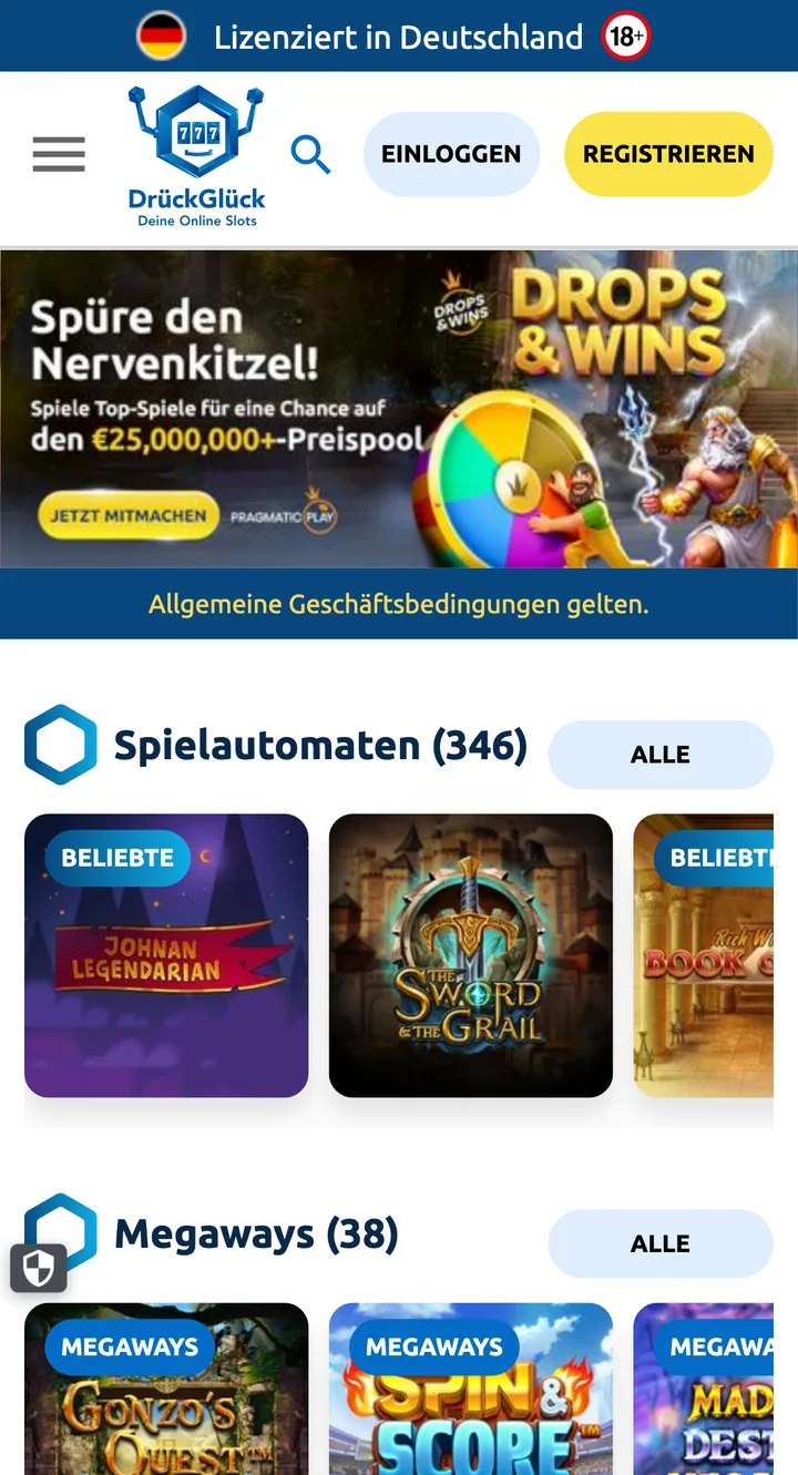 Mobile Casino Lobby von DrückGlück Mobile Casino mit PayPal – Screenshot