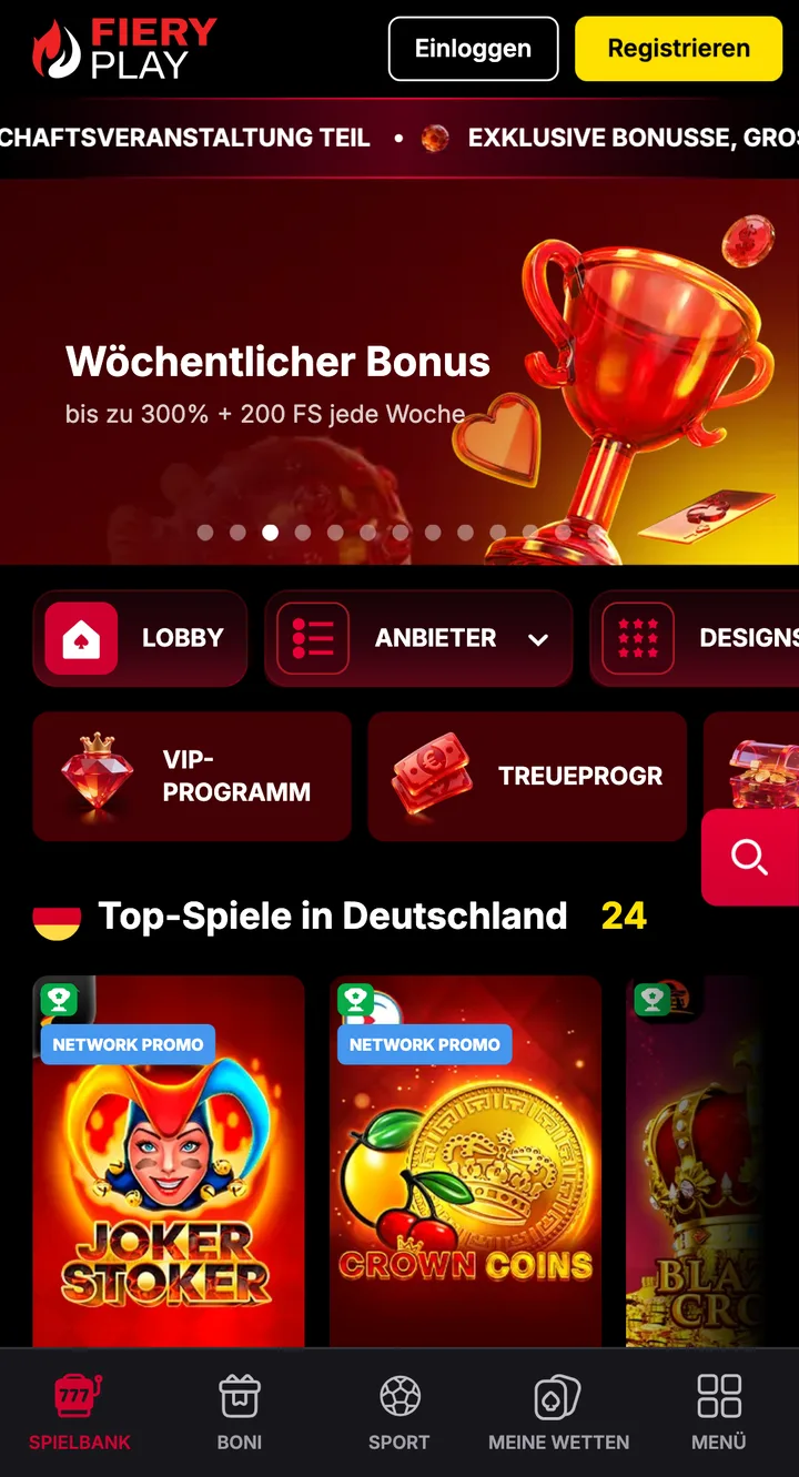 Mobile Casino Lobby von FieryPlay Casino – Screenshot