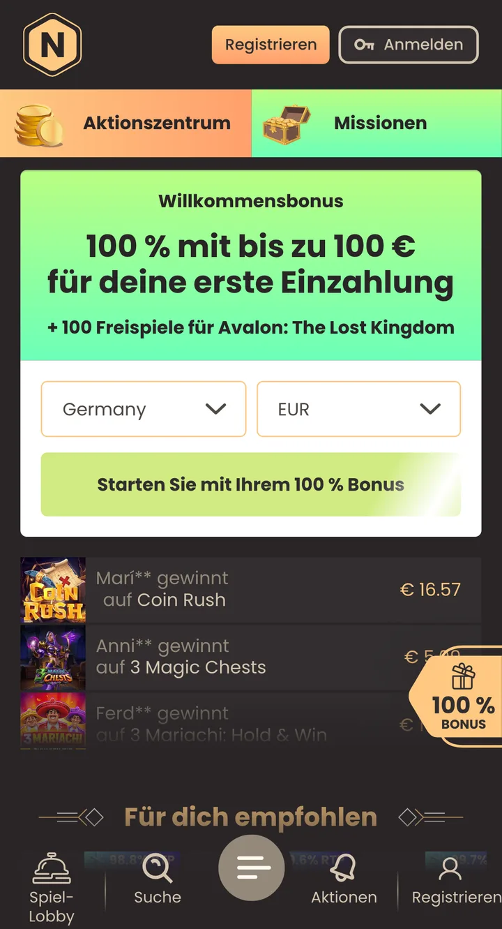 Mobile Casino Lobby von National Casino – Screenshot
