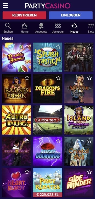 Mobile Casino Lobby von PartyCasino Mobile – Screenshot