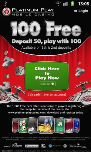 Mobile Casino Lobby von Platinum Play Mobile Casino – Screenshot