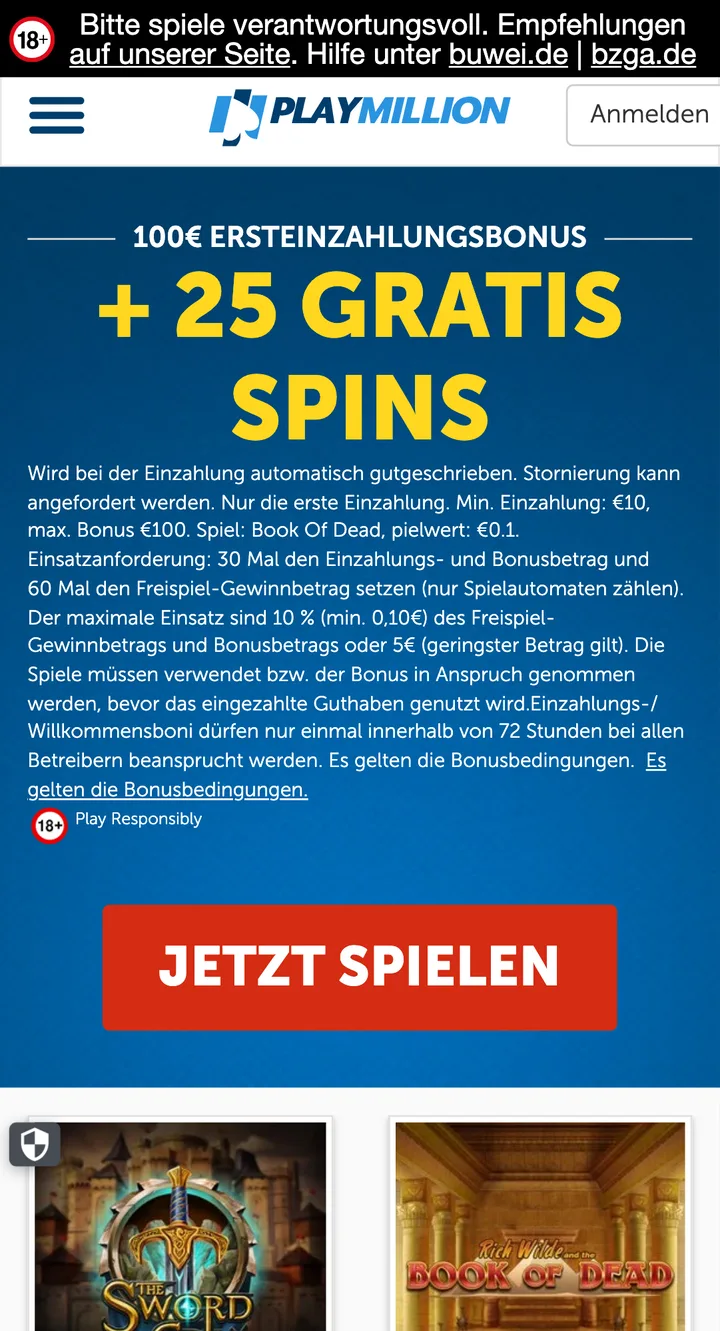 Mobile Casino Lobby von Play Million Mobile – Screenshot