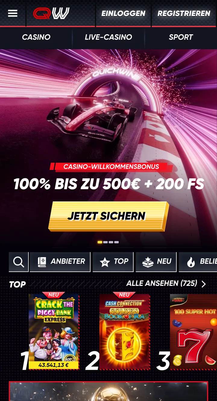 Mobile Casino Lobby von QuickWin Casino – Screenshot