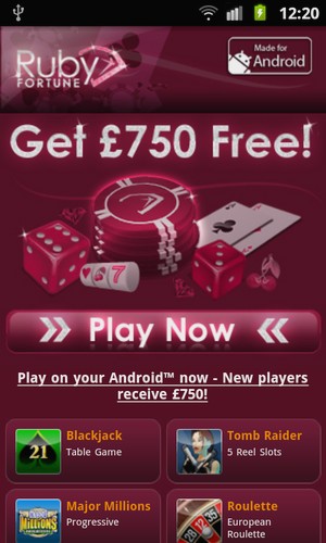 Mobile Casino Lobby von Ruby Fortune Mobile Casino – Screenshot