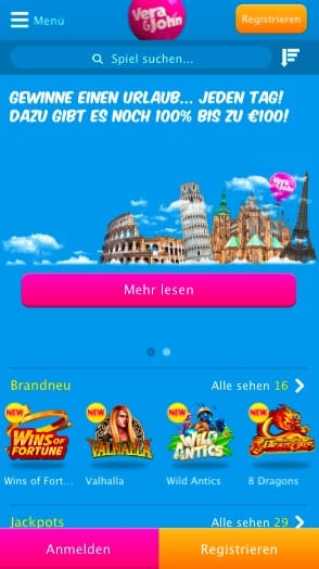 Mobile Casino Lobby von Vera&John Handy Automatenspiele – Screenshot