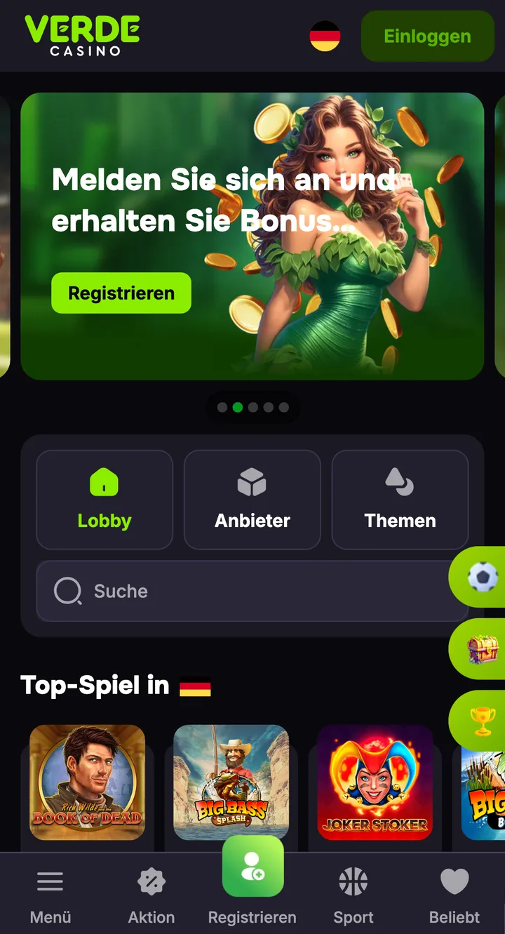 Mobile Casino Lobby von Verde Casino – Screenshot