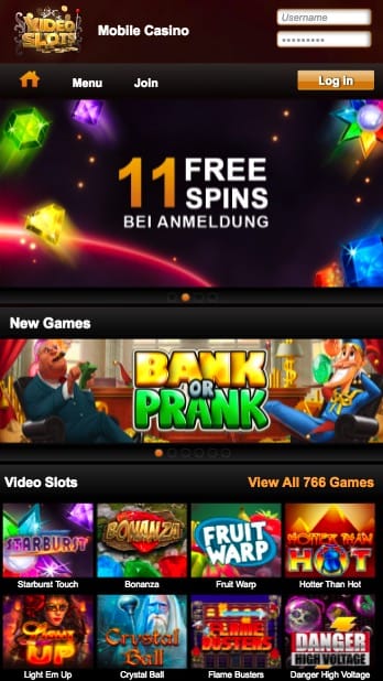 Mobile Casino Lobby von VideoSlots Handy Spielothek – Screenshot