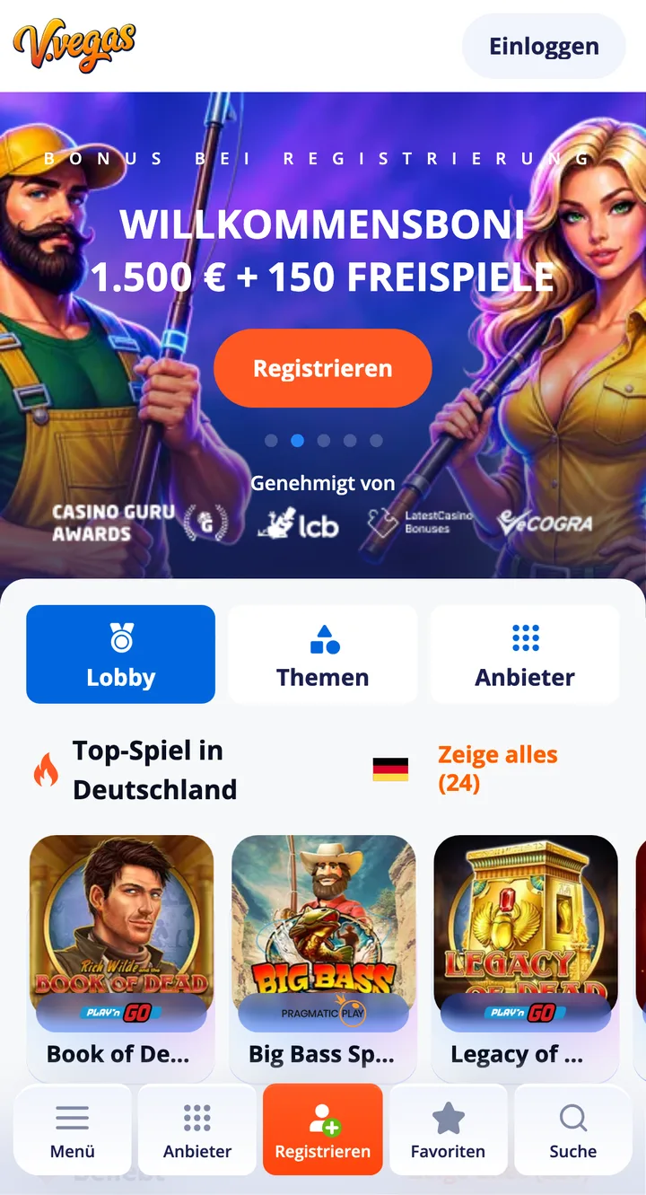 Mobile Casino Lobby von Vulkan Vegas Casino im Test 2026 – Screenshot