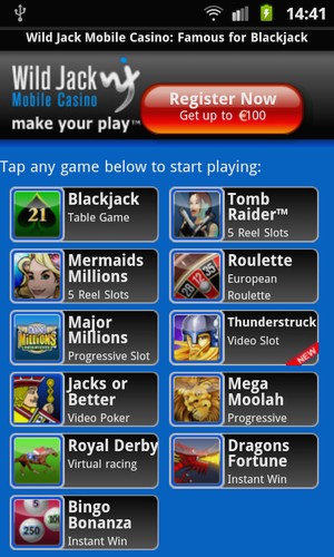 Mobile Casino Lobby von Wild Jack Mobile Casino – Screenshot