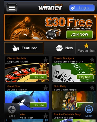 Mobile Casino Lobby von Winner Mobile Casino – Screenshot